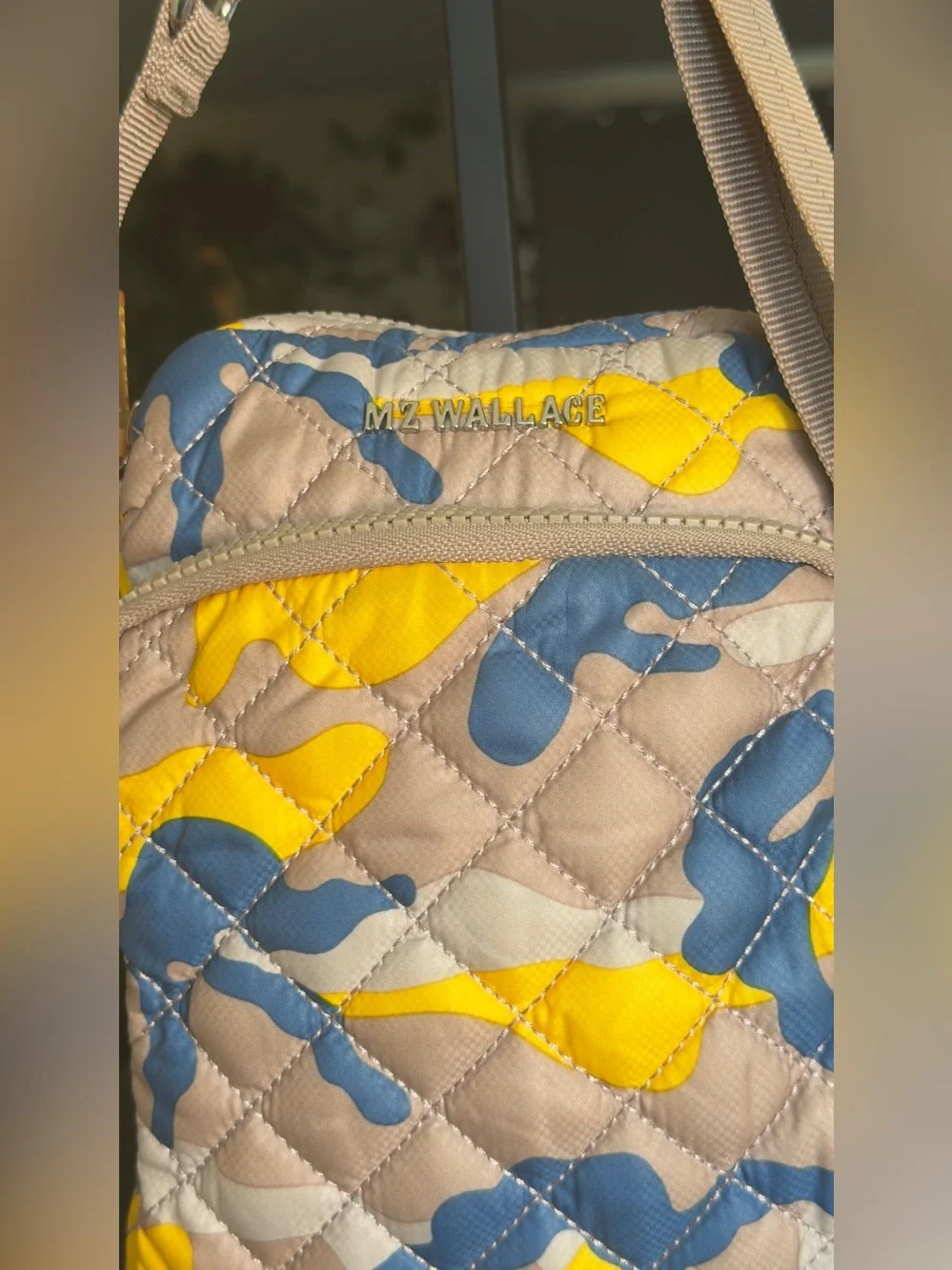 MZ Wallace Metro Crossbody Bag Spring Camo Quilted Nylon Yellow Blue Phone Pouch